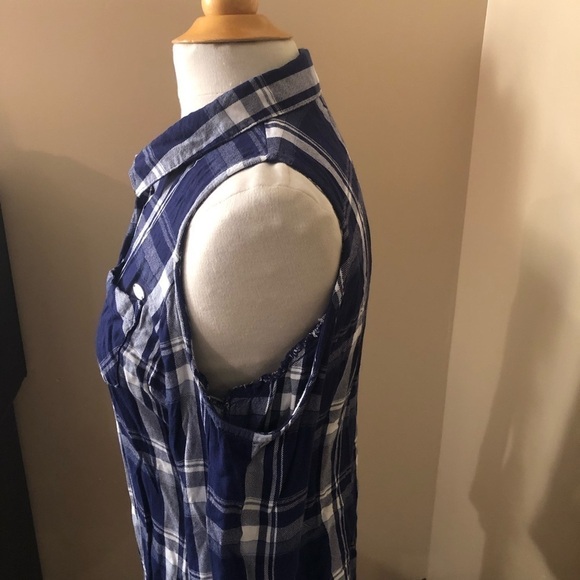 Guess Blue Plaid Button Up Cold Shoulder Shirtdress Sz M - Picture 3 of 8